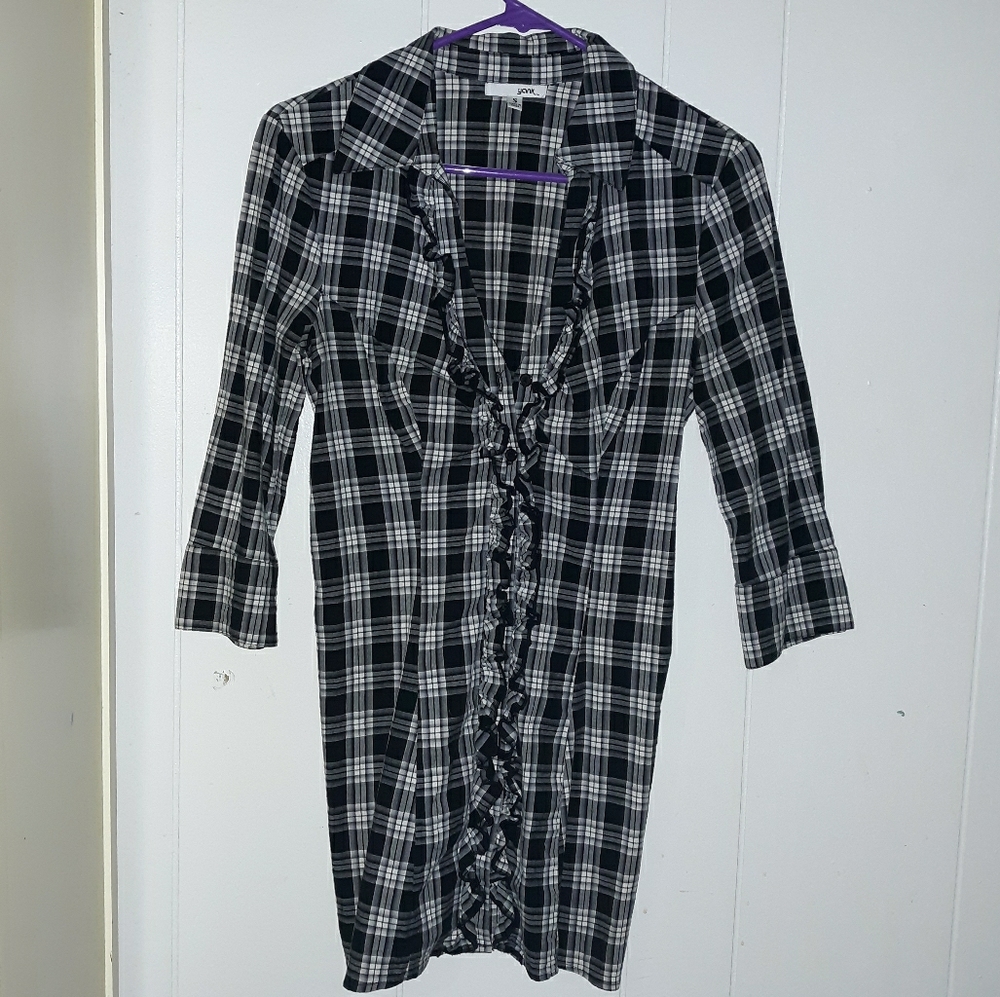 Black and white checkered, ruffle front shirt
